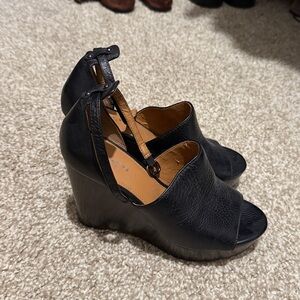 Coach Edita Black Leather Open Toe Ankle Strap Wood Heel Wedge Sz 6.5B